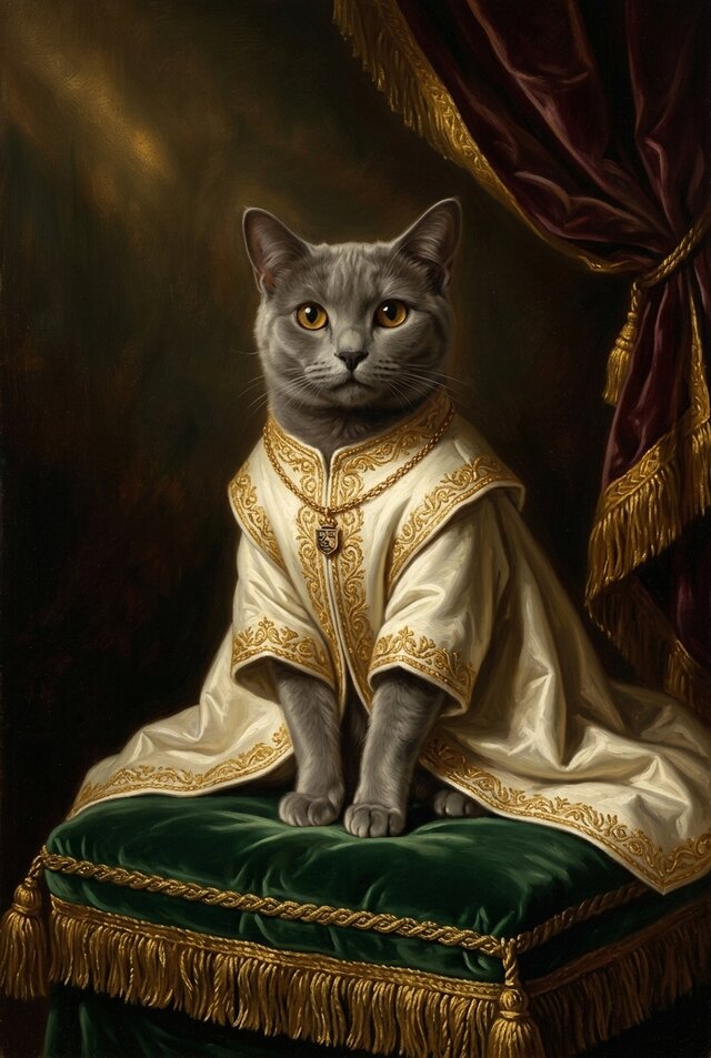 猫（シャルトリュー）のルネサンス風肖像画 油絵風アートA3額装