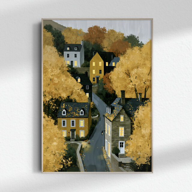 秋の町【 黄金色の秋の村 タイプB 】 フランス 風景画 ノスタルジック