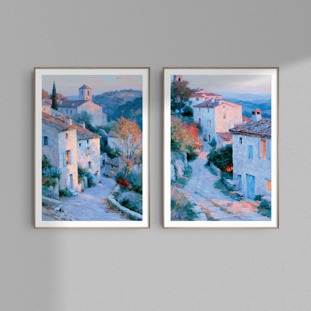秋の町【 フランスの村の初秋の夕暮れ タイプA 】 風景画