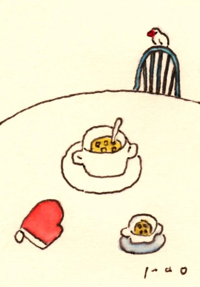 ぷぅ　小鳥の食事　原画　イラスト　アナログイラスト　手描き　直筆　色紙 受注制作【ミニ原画】「コーンスープ」 ※木製ミニ額入り イラスト