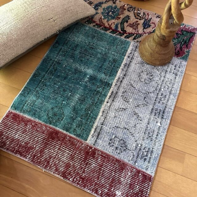 54×78ボルドー×ターコイズブルー パッチワーク トルコヴィンテージラグ