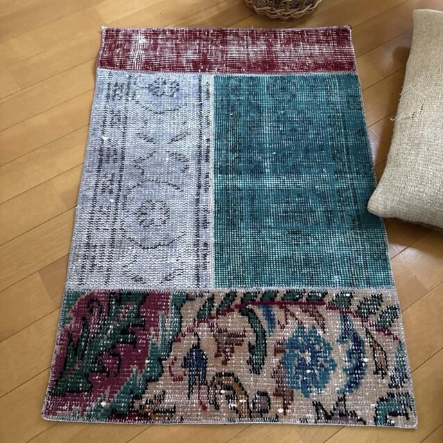 54×78ボルドー×ターコイズブルー パッチワーク トルコヴィンテージラグ