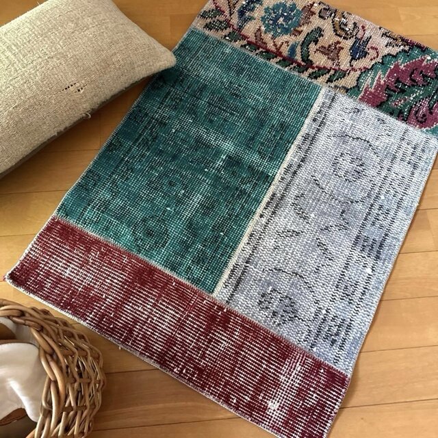 54×78ボルドー×ターコイズブルー パッチワーク トルコヴィンテージラグ