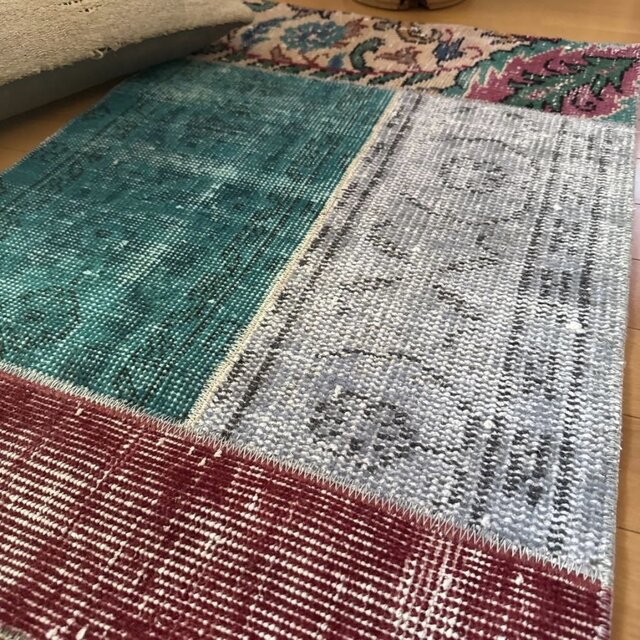 54×78ボルドー×ターコイズブルー パッチワーク トルコヴィンテージラグ
