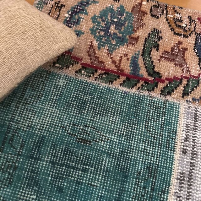 54×78ボルドー×ターコイズブルー パッチワーク トルコヴィンテージラグ
