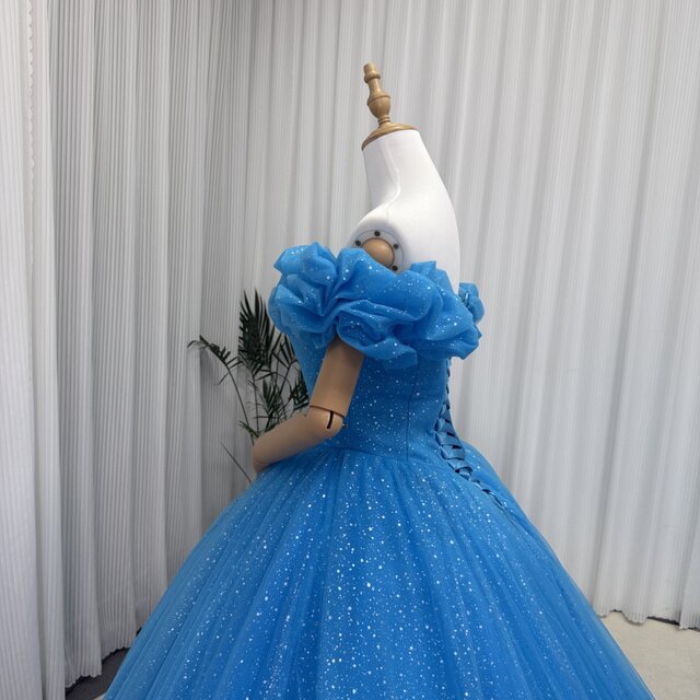 カラードレス ブルー オフショルダー キラキラチュール プリンセス 