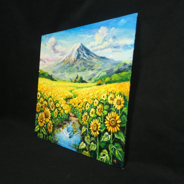 油彩画「向日葵の咲く聖峰の麓」額装（ひまわり 富士山 風景画 夏の