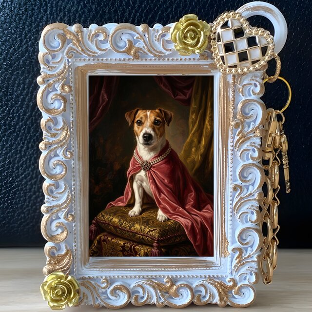 犬（ジャックラッセルテリア）バッグチャーム ルネサンス風 ホワイト