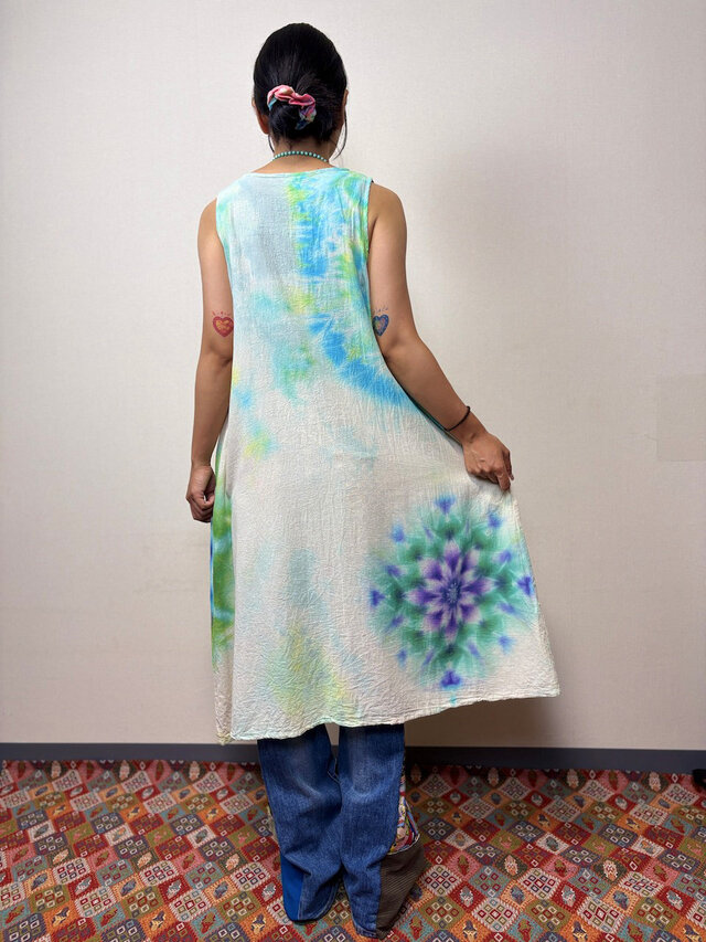 タイダイ ノースリーブワンピース グリーン×ホワイト ムラ染め 美しい