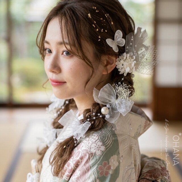 和装　成人式　結婚式　大正ロマン　ふわりひらり大人のチュールリボン　はんなり小径 成人式・卒業式】蝶とチュールのふんわりリボン髪飾りセット（ホワイト