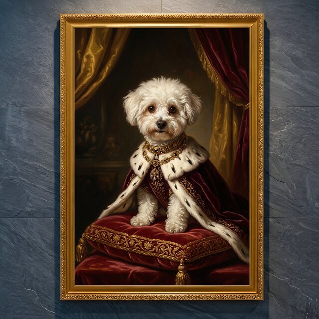 犬（ビションフリーゼ）のルネサンス風肖像画 A4金縁額装インテリア