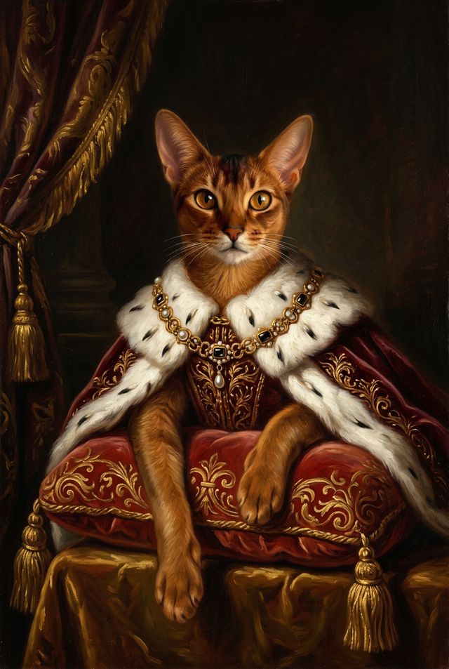 猫（アビシニアン）のルネサンス風肖像画 油絵風アートA4金縁額装