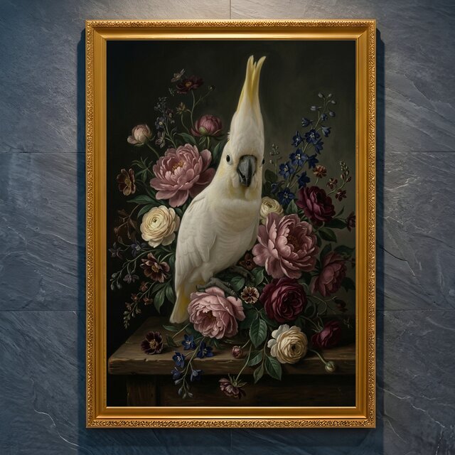 インコ（キバタン）の花に囲まれた油絵風アート A4金縁額装インテリア