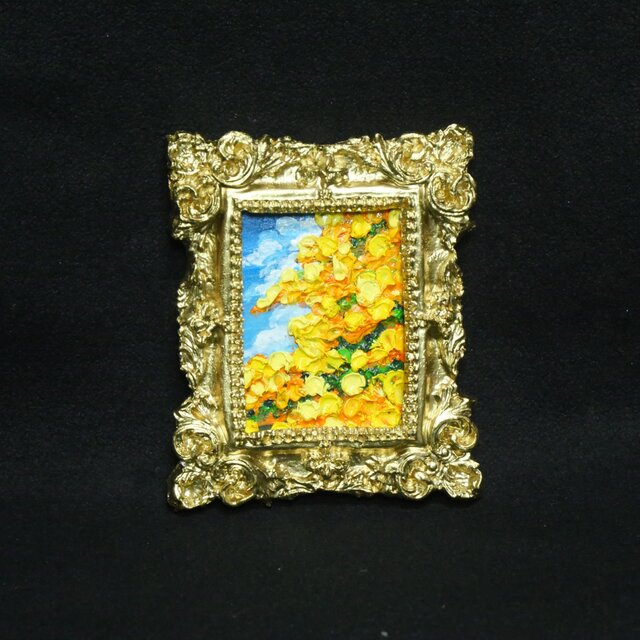 油彩画「風とはずむミモザ」ミニ額装アート（原画）｜インテリア