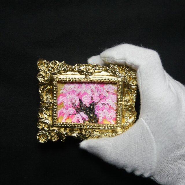 黄金背景の桜大樹 〜爛漫〜 ／ ミニ油彩画・額付き原画【春の訪れ