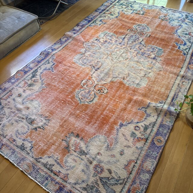 大判貴重138×243夕焼けオレンジ×ブルー メダリオン トルコヴィンテージ