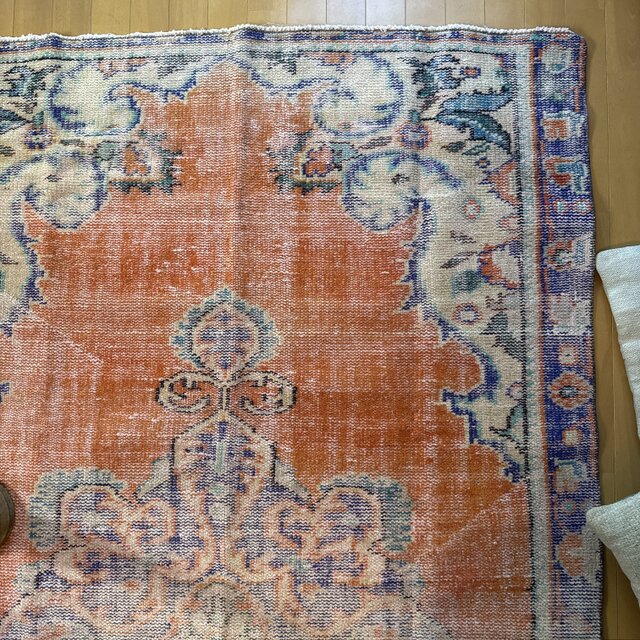 大判貴重138×243夕焼けオレンジ×ブルー メダリオン トルコヴィンテージ