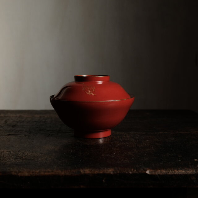 朝顔とリーフ◇古輪島塗 漆芸沈金蓋付椀 古漆器 古民家 骨董・antiques
