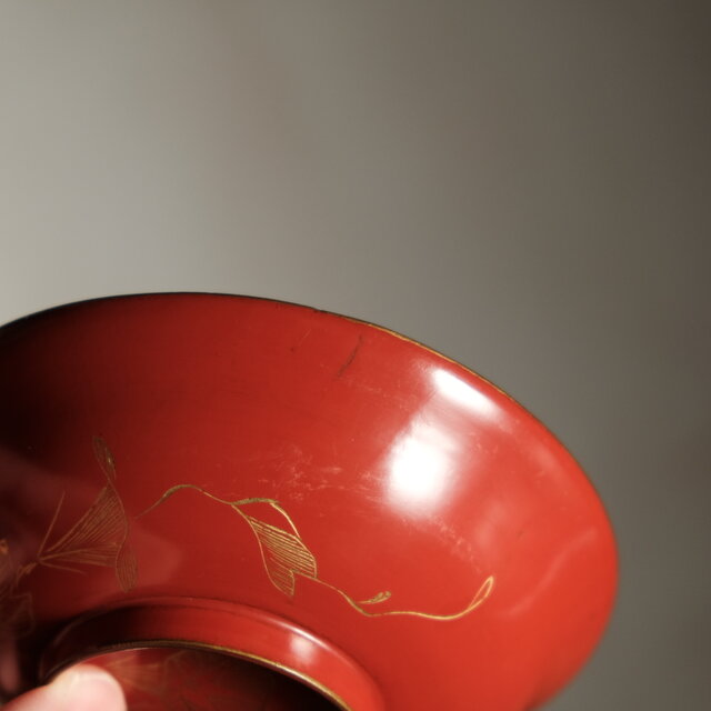朝顔とリーフ◇古輪島塗 漆芸沈金蓋付椀 古漆器 古民家 骨董・antiques