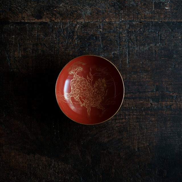 豪快な麒麟◇古輪島塗 麒麟文沈金小椀 古漆器 骨董/antiques 古美術
