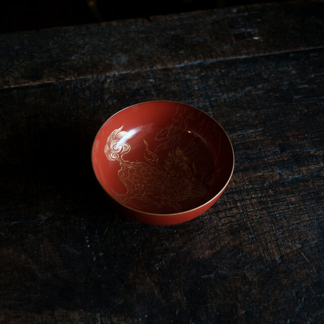 豪快な麒麟◇古輪島塗 麒麟文沈金小椀 古漆器 骨董/antiques 古美術