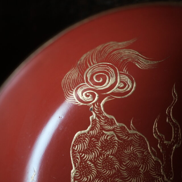 豪快な麒麟◇古輪島塗 麒麟文沈金小椀 古漆器 骨董/antiques 古美術