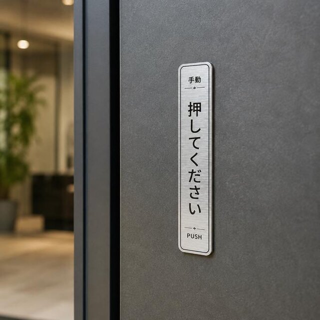 送料無料】 手動ドア用「押してください」シルバーサインプレート