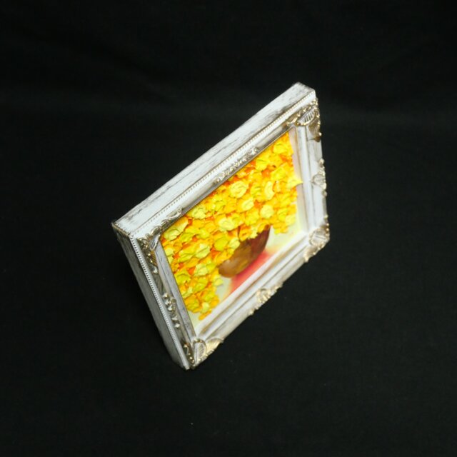 黄金のミモザ 〜幸福のプレリュード〜】立体油絵 ミニ絵画 額付き