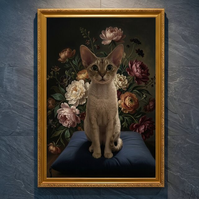 猫（デボンレックス）の花に囲まれた油絵風アート A4金縁額装