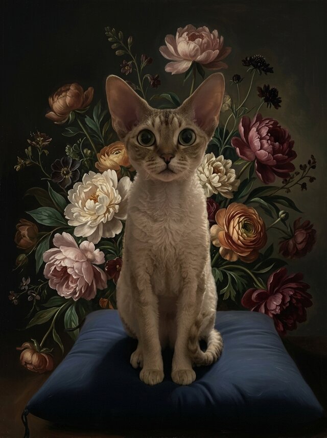 猫（デボンレックス）の花に囲まれた油絵風アート A4金縁額装