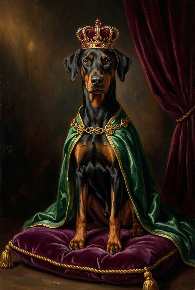 犬（ドーベルマン）のルネサンス風肖像画 油絵風アートA4額装