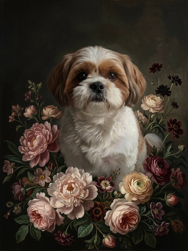 シーズ犬の絵画 油絵風 額装品 シーズ犬の絵画 油絵風 額装品 絵画 油絵 犬 シーズ 犬（シーズー）の