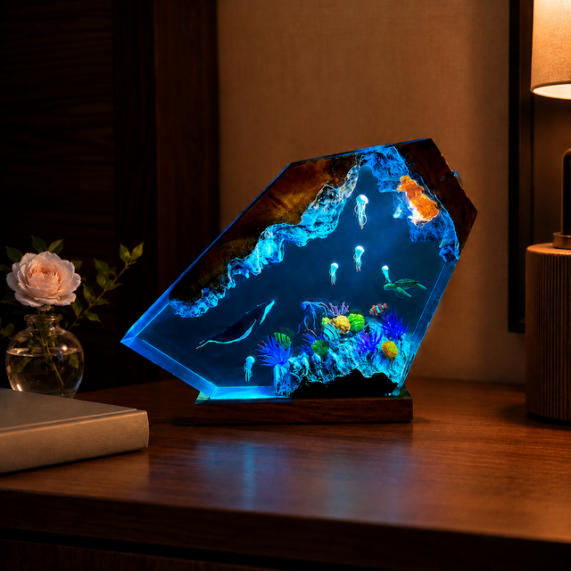 深海を灯す｜ザトウクジラとクラゲのレジンランプ・16色LED・名入れ
