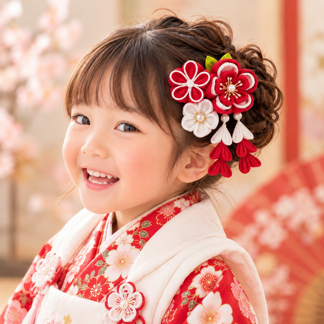 愛らしさ咲く》七五三 3歳 つまみ細工の髪飾り｜下がり付き・クリップ