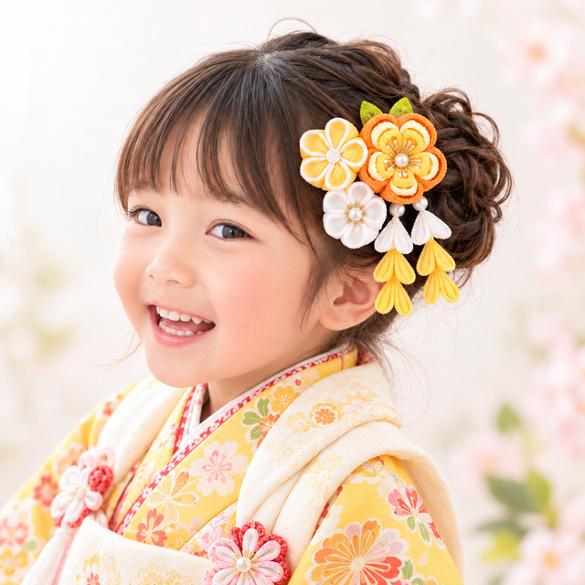 愛らしさ咲く》七五三 3歳 つまみ細工の髪飾り｜下がり付き・クリップ