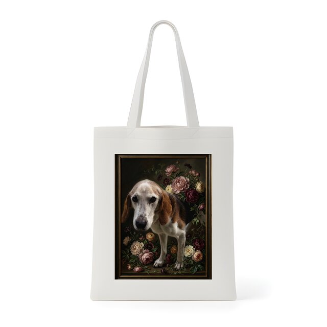犬（ビーグル）トートバッグ 花の油絵風アート キャンバス地 | iichi