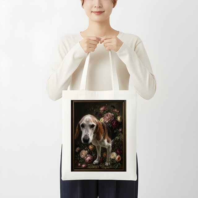 犬（ビーグル）トートバッグ 花の油絵風アート キャンバス地 | iichi