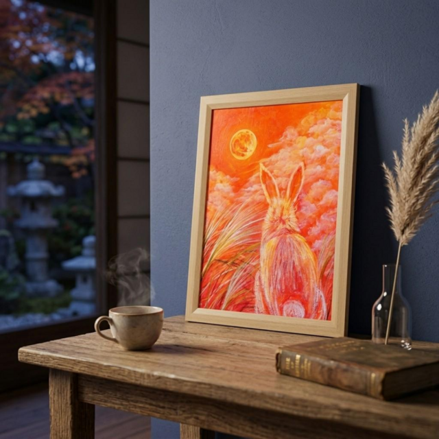油彩画 原画『満月ノ夜ニ、君ヲ想フ』モダンアート A4ナチュラル額装付