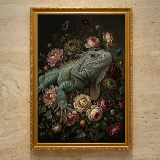 イグアナ（ブルーイグアナ）の花に囲まれた油絵風アート A3額装