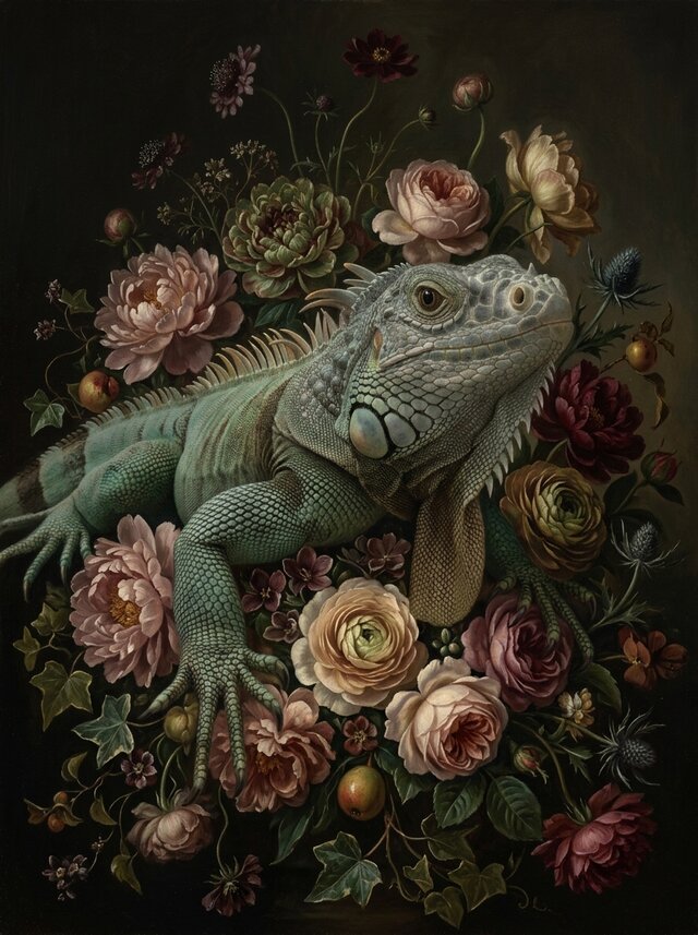 イグアナ（ブルーイグアナ）の花に囲まれた油絵風アート A3額装