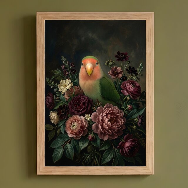 インコ（コザクラインコ）の花に囲まれた油絵風アート A4額装