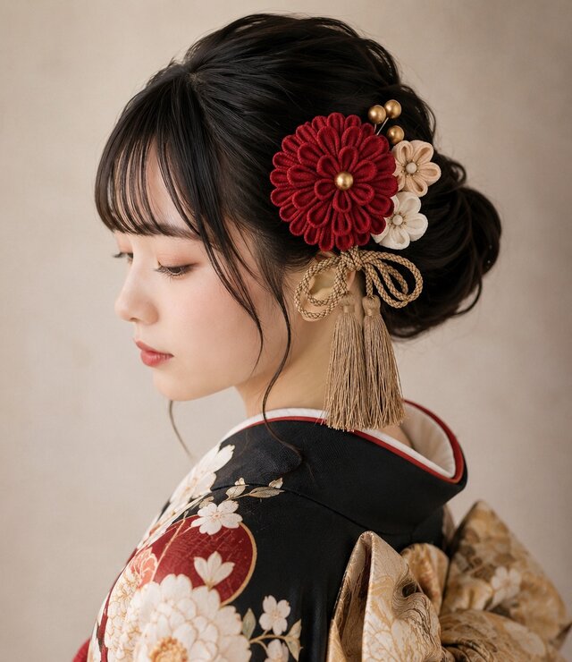 成人式・卒業式・結婚式】赤い大輪つまみ細工の髪飾り｜4点セット