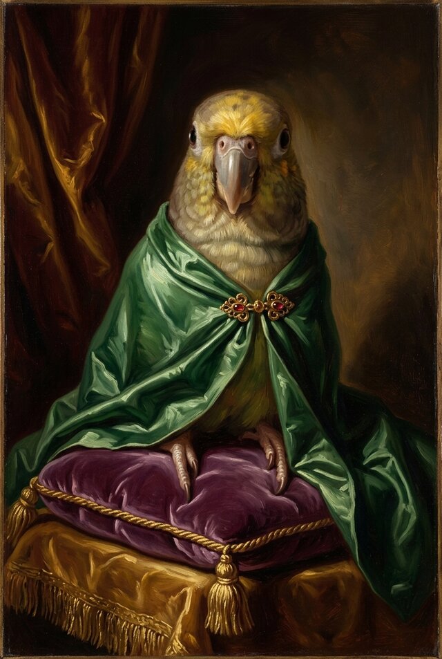インコ　絵画 インコ（メイヤーズパロット）のルネサンス風肖像画 A3額装インテリア