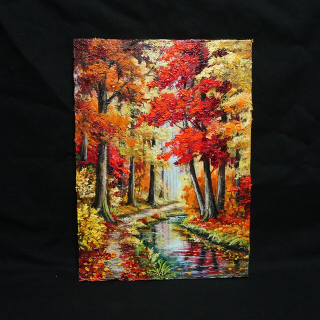油彩画『 錦秋のせせらぎ 』F4サイズ 原画 / 紅葉の森と清流 秋の