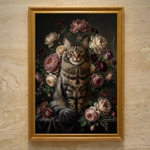 猫（メインクーン）の花に囲まれた油絵風アート A3額装インテリア