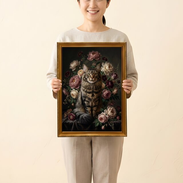 猫（メインクーン）の花に囲まれた油絵風アート A3額装インテリア