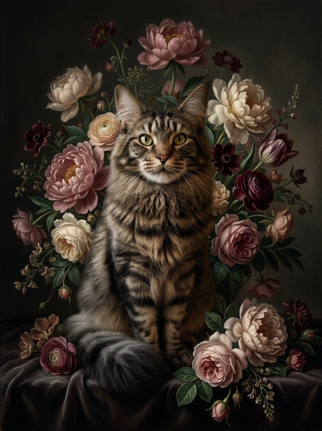 猫（メインクーン）の花に囲まれた油絵風アート A3額装インテリア