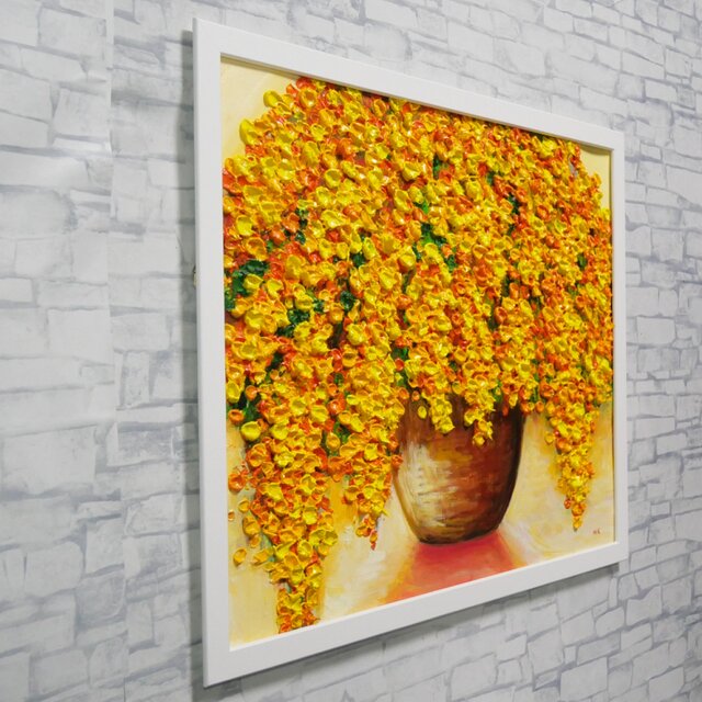 原画】ミモザの油彩画『触れたくなる光の粒』風水金運アップの黄色い