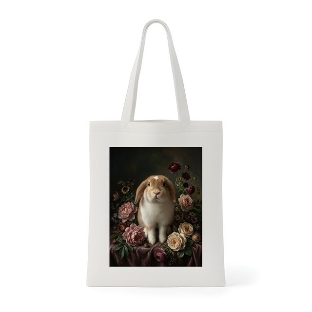 うさぎ（ミニロップ）トートバッグ 花の油絵風アート キャンバス地
