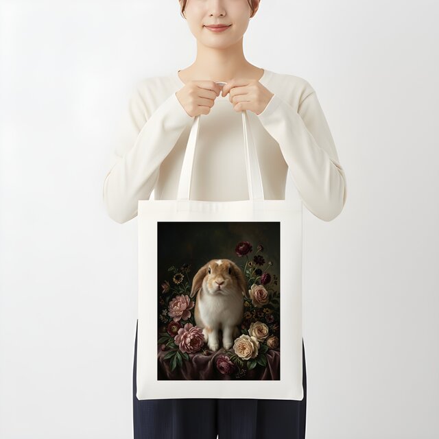 うさぎ（ミニロップ）トートバッグ 花の油絵風アート キャンバス地